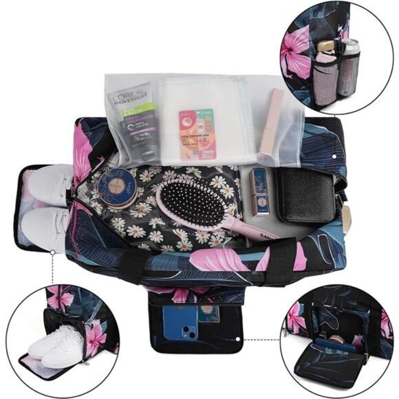 Tropical Floral Print Sports Travel Tote‎ Bag Weekender Duffle Gym Crossbody Bag - Picture 3 of 7